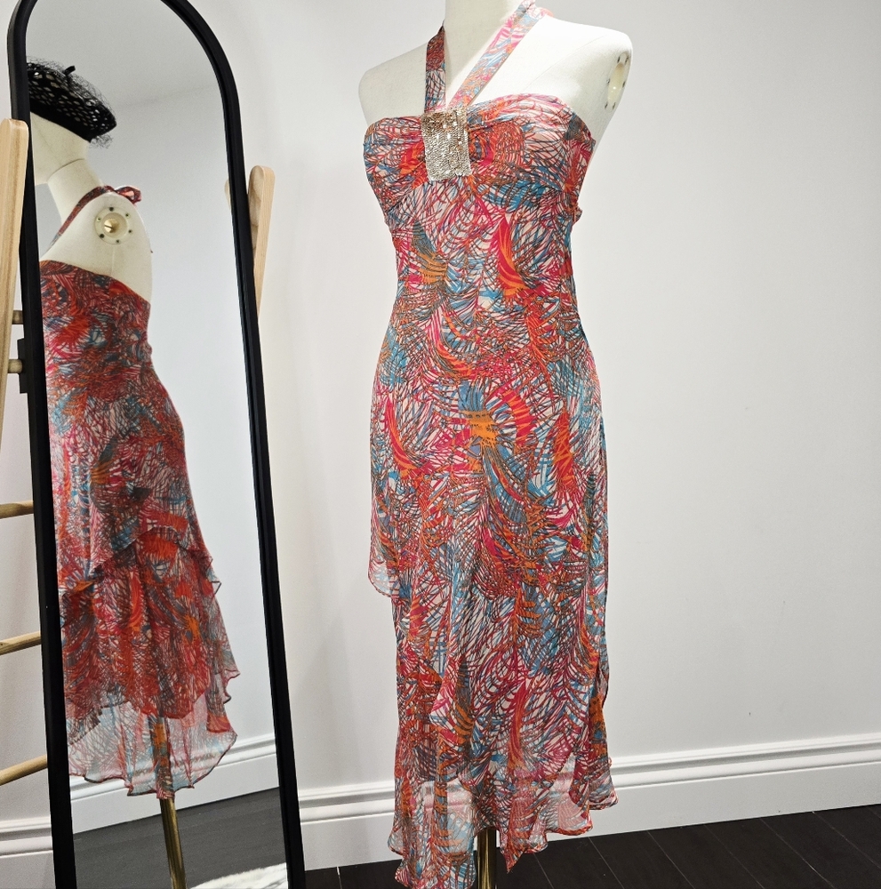 BCBGMaxAzria Red and Blue Asymmetrical Silk Dress Size 6